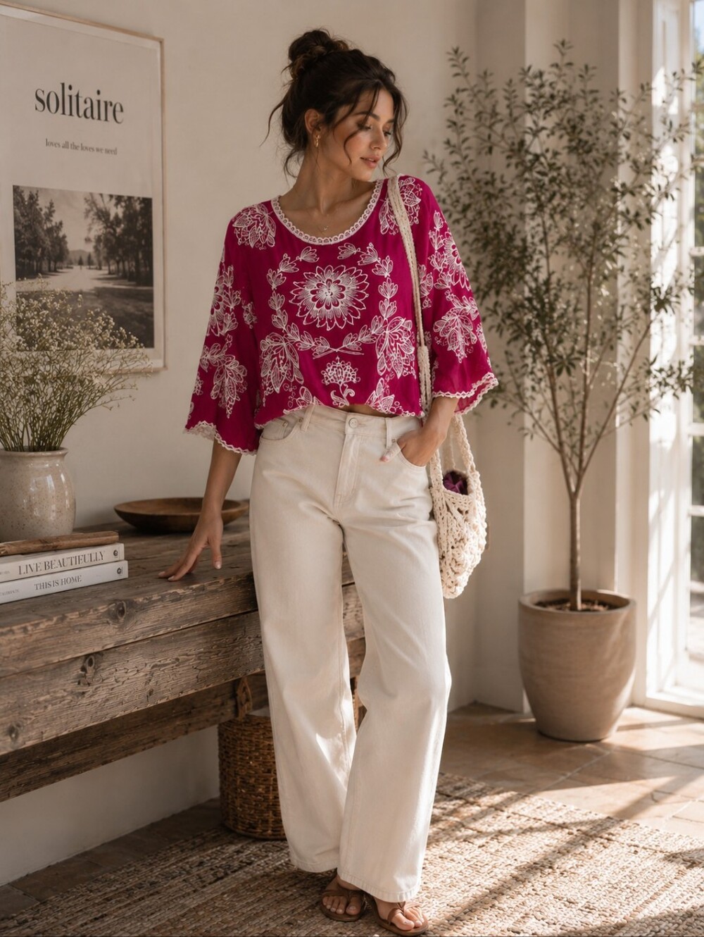 Anthropologie Fuchsia Floral Embroidered Peasant Blouse